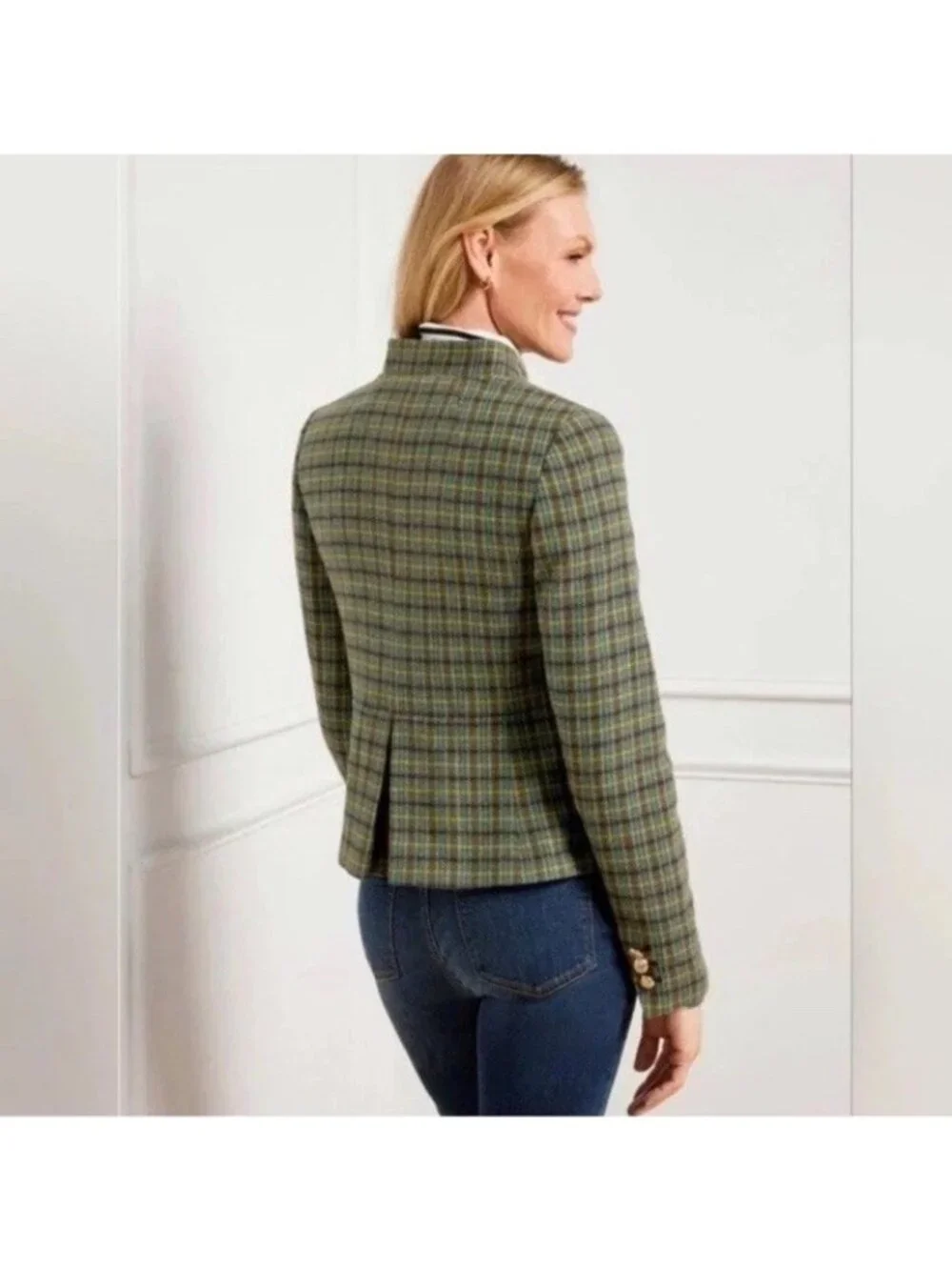 Talbots Shetland Officer Jacket 6P Green Plaid Wool Blend Gold Buttons